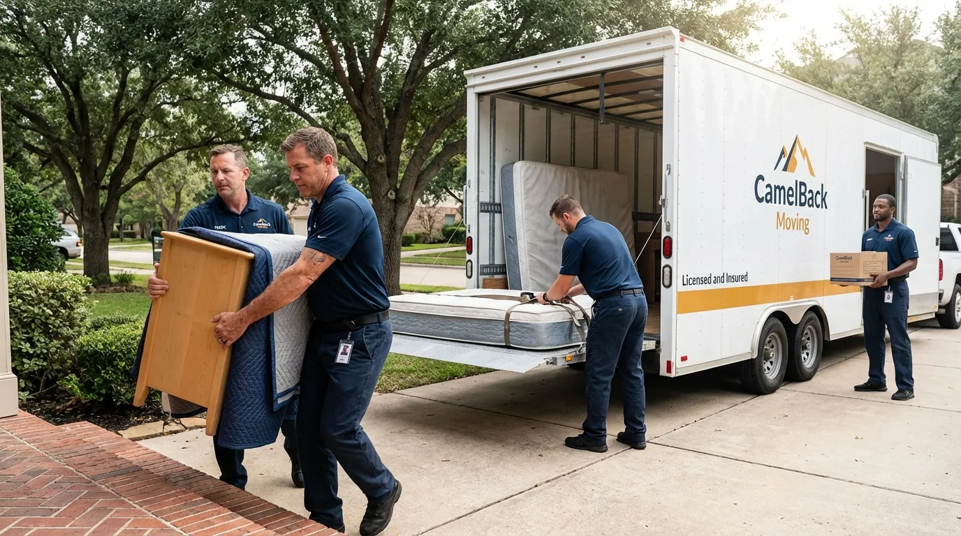 Crew loading residential truck for cross-state move from Sun Valley, AZ