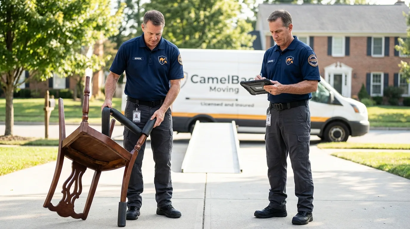 Movers inspecting furniture for damage prevention before loading in Sun Valley, AZ