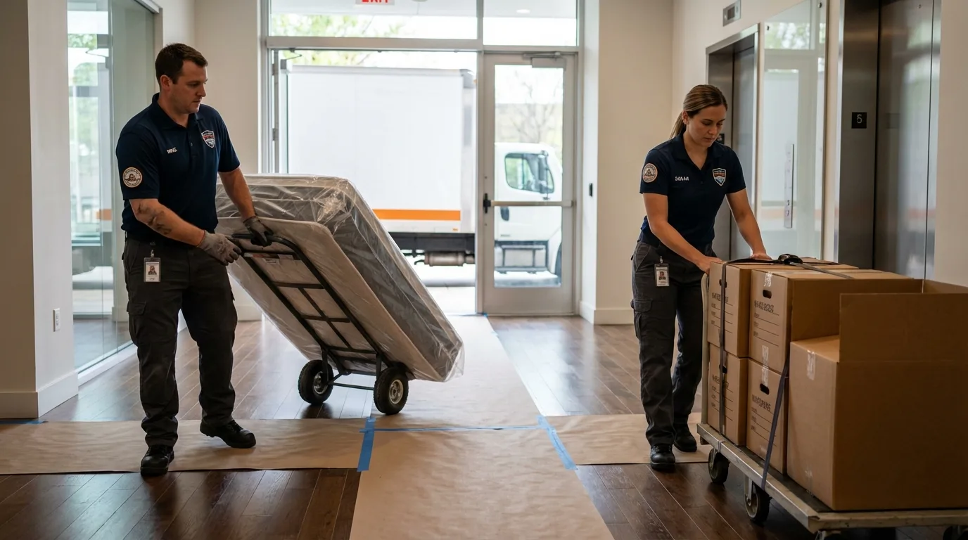 Professional apartment movers loading elevator in Sun Valley, AZ
